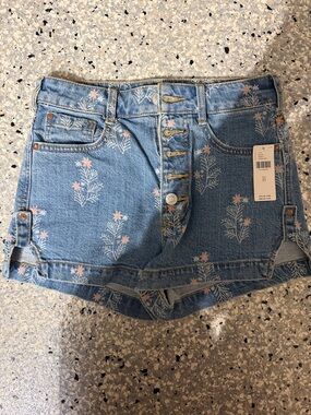 Pilcro Light Blue Denim Shorts with Pink Floral Embroidery